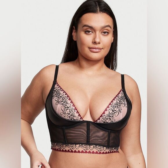 Victoria Secret Bra Longline Vegan Leather & Lace Love Embroidered Underwire 36C - Picture 2 of 6